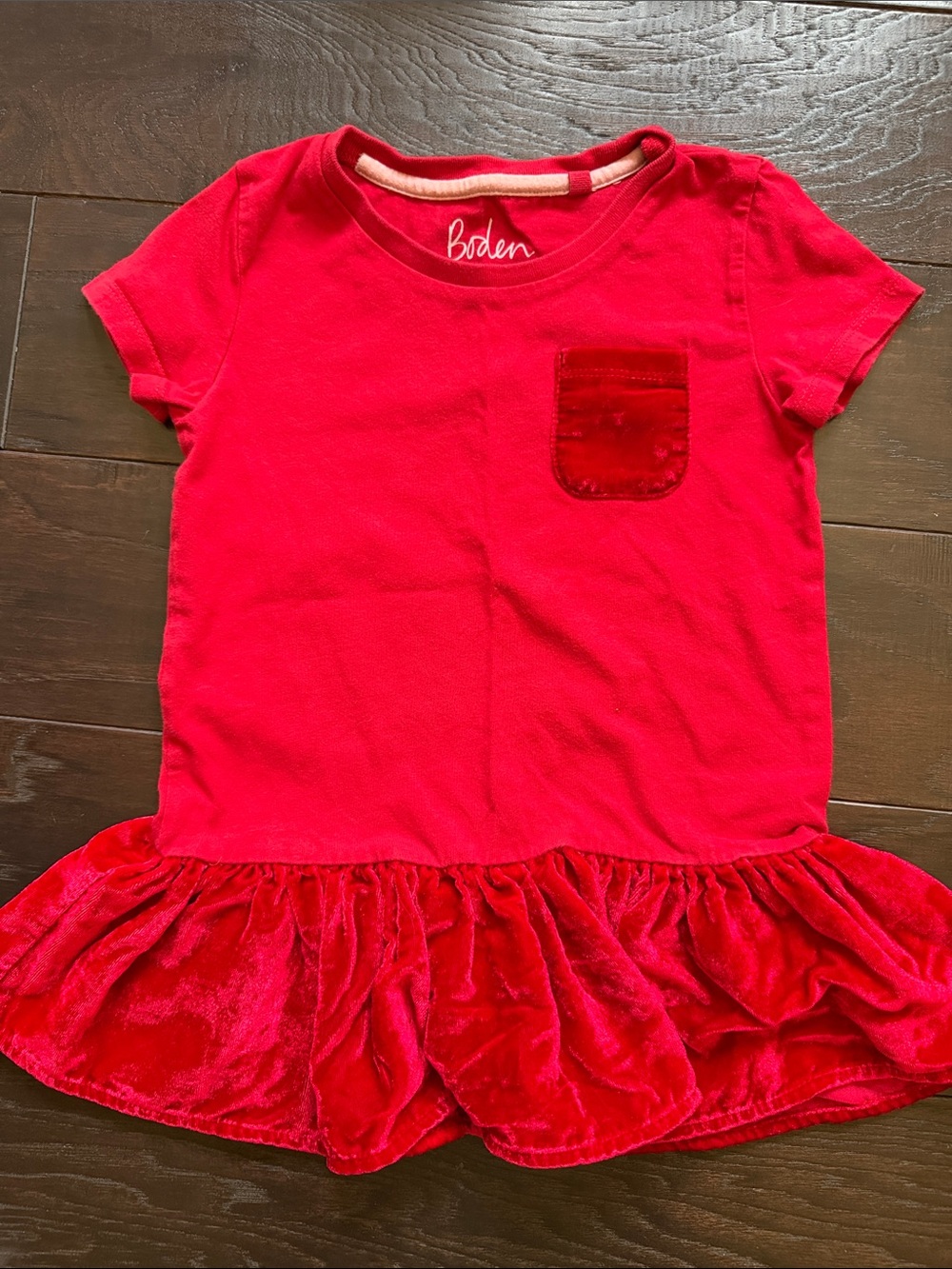 Mini Boden Red Short Sleeve Velvet Pocket Peplum Tee